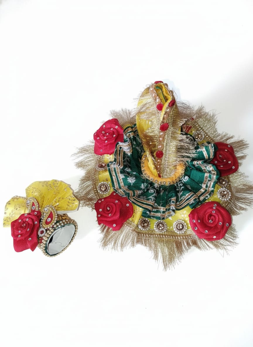 Designer Red Rose Laddu Gopal Dress - Yellow & Green Fancy Poshak - Image 2