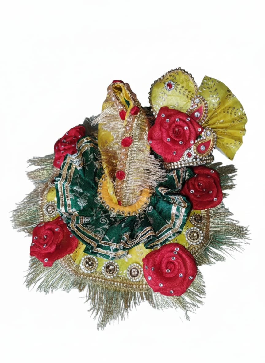 Yellow and Green Laddu Gopal Dress with Red Roses and Gold Zari Work